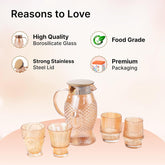 Kuber Industries Borosilicate Glass Water Jug with Lid (1100ml) & 4 Assorted Glasses (160ml, 190ml, 200ml & 240ml) | Designer Glass Jug for Water, Juice, Coffee, Iced Tea | Gift Items